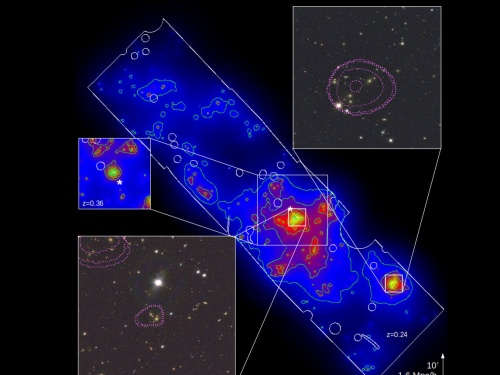 In the background, the response of AMICO to the presence of galaxy clusters for a redshift slice z=0.24. In the top right and bottom left boxes the optical images of the miniJ-PAS data of two clusters together with the isocontours displaying the X-ray emission measured with Chandra. The top left box shows another detected cluster laying at a higher redshift, z=0.36 well disentangled by the foreground structures.
