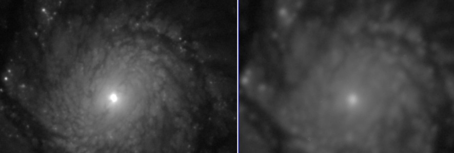 Comparison of the image quality of a J-PAS Pathfinder coadded image of M51, resulting from the combination of 6x10s single exposures with no filter (left), and a g band image from SDSS (right). The FWHM of the PSF in the Pathfinder’s image is ~0.4